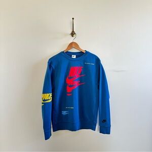 Nike Men's Blue Sweatshirt with red and yellow graphic- S
